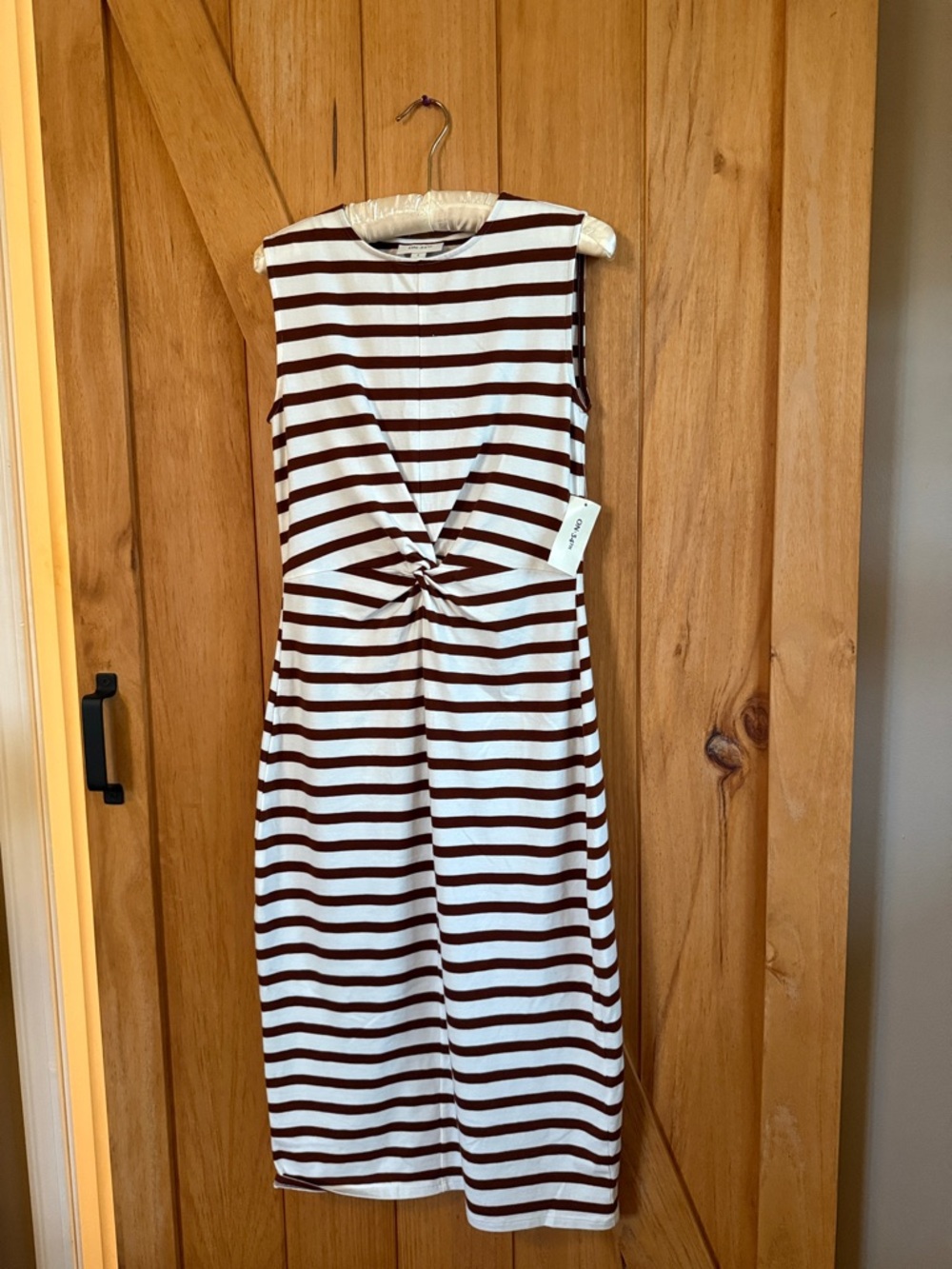 Sleeveless Stripe Knot-Front Midi Dress in Brown & White